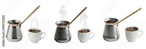 Bild auf Leinwand Traditional Turkish coffee in a metal coffee pot with a white cup