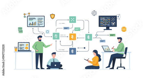 Team collaborating on a complex business process flowchart.