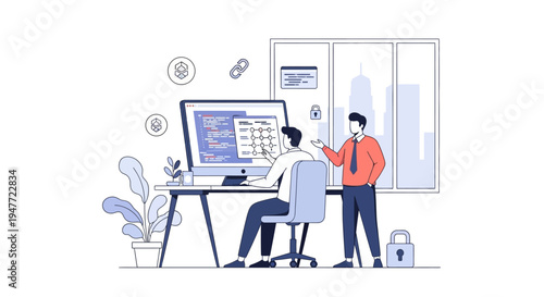 Two men collaborating on a computer project in an office setting.