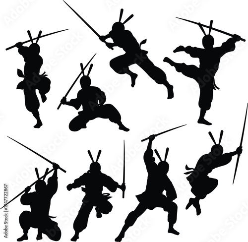 ninja, samurai, warrior, assassin, sword, katana, silhouette, combat, martial, action, shadow, vector, fighter, Japanese, mercenary