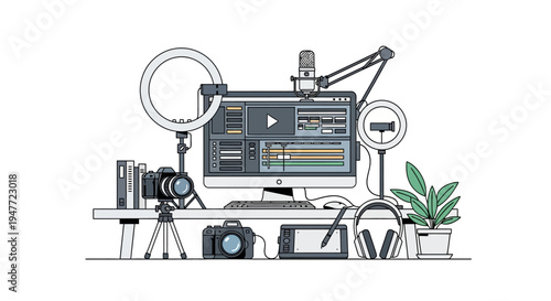 Video editing setup with computer camera and microphone.