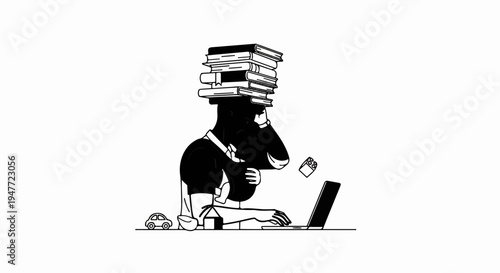 Overwhelmed person balancing books, laptop, and toy blocks