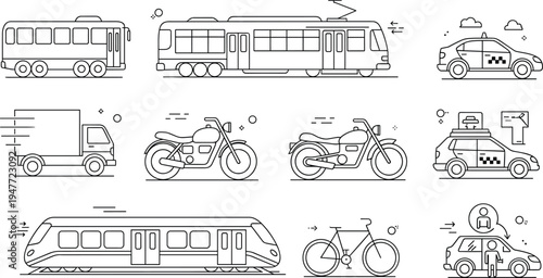 Transportation vehicles line icon set with bus tram train motorcycle bicycle delivery truck autonomous car illustration