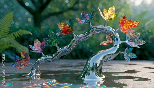 Modern tree sculpture with colorful leaves by a water surface in a natural setting during daylight