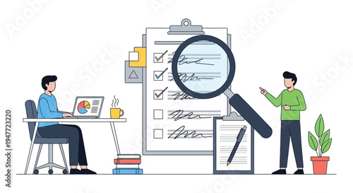 Two Men Reviewing Checklist with Magnifying Glass and Laptop.