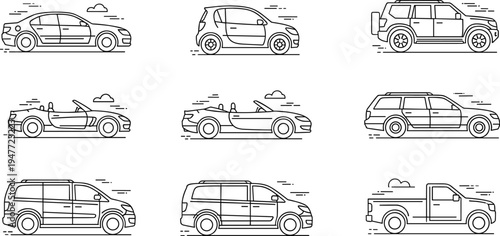 Car types line icon set with sedan hatchback convertible SUV minivan pickup truck automobile illustration