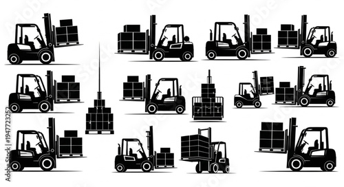 Collection of Forklift Trucks Lifting Boxes in Warehouse.