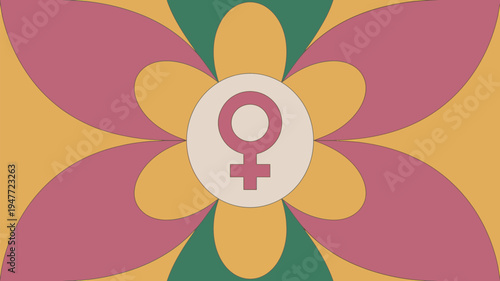 A vibrant flower graphic with a female symbol at its center, representing feminism and women's rights in a colorful and stylized way.