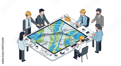 Team of professionals collaborating around a digital map table.