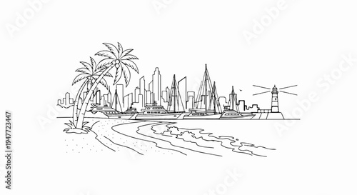 Palm trees, boats, and city skyline with lighthouse on the coast