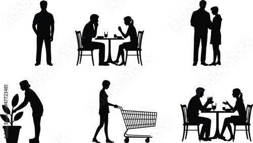 People silhouette set, couple dining, shopping cart, man standing, gardening activity, relationship concept, human figures, daily life, black silhouette illustration collection
