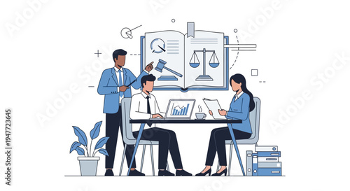 Team of professionals collaborating on legal matters with a gavel and scales of justice illustration.