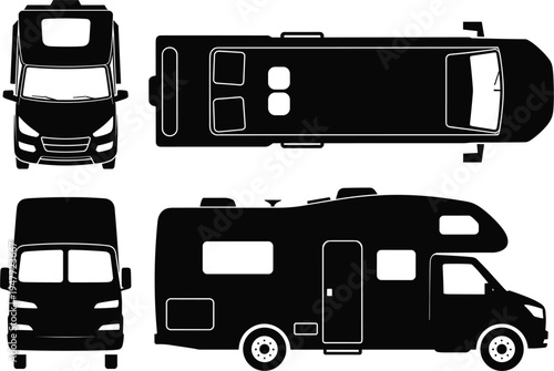 motorhome, camper, silhouette, caravan, travel, transport, vehicle, camping, adventure, lifestyle, roadmap, van, expedition, nomadic, vector