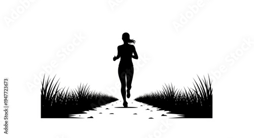 Silhouette of a woman running on a path with grass.