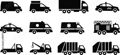 Service vehicles silhouette icon set with delivery van cargo truck taxi police car ambulance fire truck tow truck garbage truck
