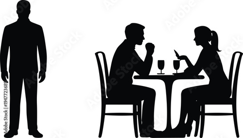 People silhouette set, man standing, couple at table, dating scene, conversation, restaurant meeting, human figures, black silhouette illustration collection, relationship concept