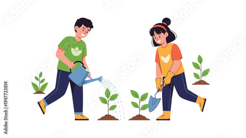 Environmentally conscious young couple planting trees and watering saplings in garden to support reforestation and nature conservation.