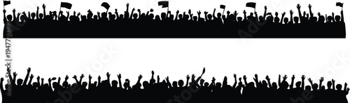 Crowd silhouette border, cheering people banner, protest rally audience, fans hands up, celebration crowd, demonstration group, black silhouette people collection set