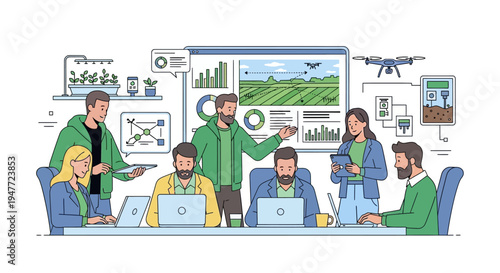 Team of professionals discussing modern agricultural technology and data analysis.