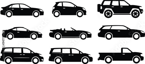 Car silhouette icon set with sedan hatchback convertible SUV wagon minivan pickup truck automobile vector collection