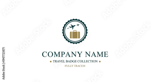 Travel badge logo with airplane and luggage.