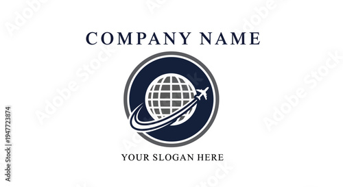 Company logo with airplane and globe.