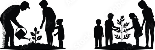 Family planting tree silhouette, parents kids gardening, watering plant, eco lifestyle, nature care, environment protection, gardening activity, green living illustration scene