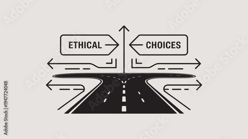 A black and white illustration of a road intersection with signs pointing to ethical choices and decision making.