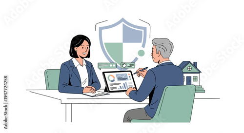 Two people discussing insurance policy at a table.