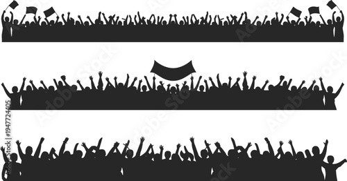 Crowd cheering silhouette, protest people banner, audience celebration, fans hands up, festival crowd, demonstration group, people rally, black silhouette border collection