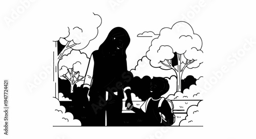 Parent and child walk hand-in-hand through a park with trees and clouds