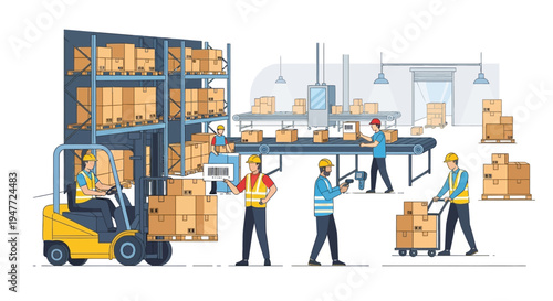 Warehouse workers operating forklift and conveyor belt.
