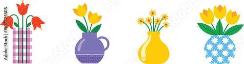 A collection of four colorful vases featuring vibrant tulip and daisy flower arrangements for decor