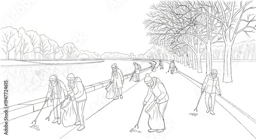 People cleaning path along water and trees in winter