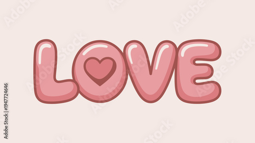 A cute cartoon illustration of the word 'love' with a heart in the middle on a pink background
