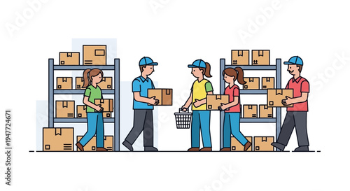 Warehouse workers organizing and moving boxes.