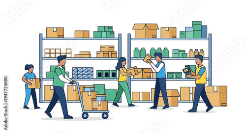 Warehouse workers organizing inventory and packages on shelves.