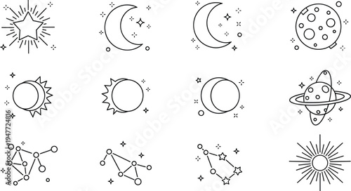 Space and astronomy line icon set with sun moon planet constellation stars cosmic universe illustration