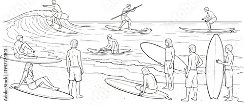 People with surfboards on beach and in water, some surfing