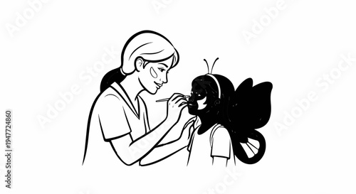 Person applying face paint to a child dressed as a butterfly
