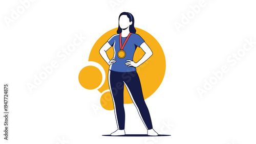 Proud female athlete with gold medal around her neck standing confidently with hands on hips against yellow circle background.
