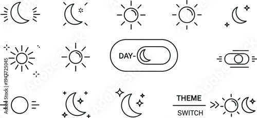 Dark mode and light mode theme switch line icon set with sun moon day night UI toggle illustration
