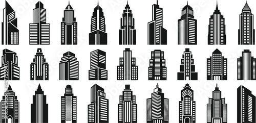 City skyscraper building silhouettes collection isolated vector set with modern urban architecture skyline towers for construction design illustration