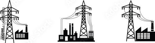 Electric power plant silhouette set, transmission tower, factory energy supply, electricity industry concept, high voltage lines, black vector illustration collection design