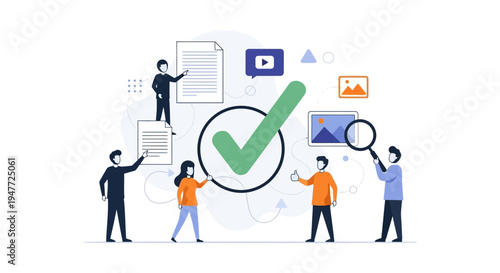 Teamwork and successful completion of tasks with a large checkmark.