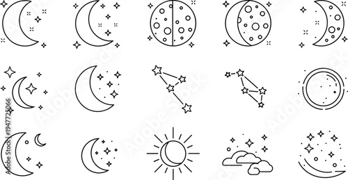 Moon phases and night sky line icon set with crescent moon stars constellation sun celestial illustration
