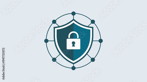 A security shield icon with a padlock surrounded by a network of connected nodes on a light blue background