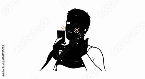 Person applying sun protection with glowing sun symbols on face