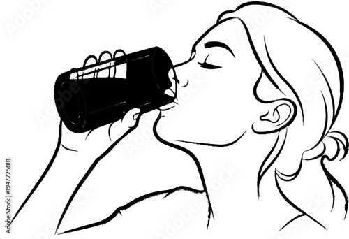 Person drinking from a dark colored glass or bottle with a straw