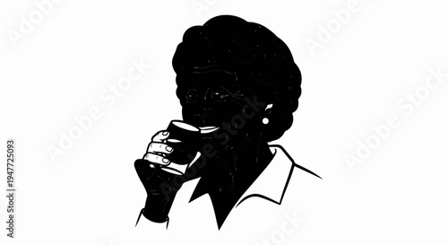 Person enjoying a beverage, depicted in a simplified, high-contrast style